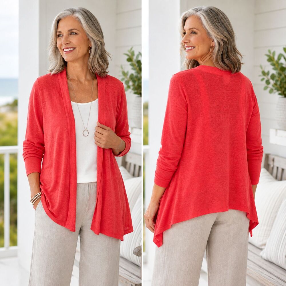 J Jill Love Linen Cardigan Medium Open Front Drape Coral Pink Coastal Layer Top